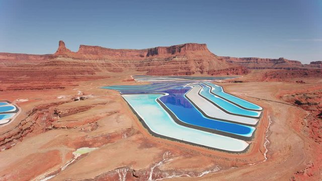 Utah circa-2019.  Aerial view of Potash evaporation ponds.  Shot from helicopter with Cineflex gimbal and RED 8K camera.