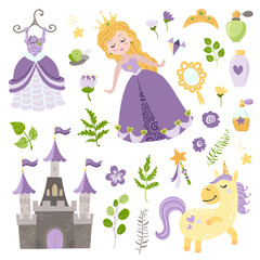 Obraz na płótnie Canvas Vector set of beautiful princess, castle, unicorn and accessories