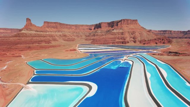 Utah circa-2019.  Aerial view of Potash evaporation ponds.  Shot from helicopter with Cineflex gimbal and RED 8K camera.