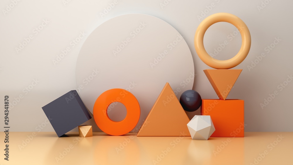 Aufkleber minimal scene with geometrical forms in blue abstract background. set of geometric shapes in chaotic