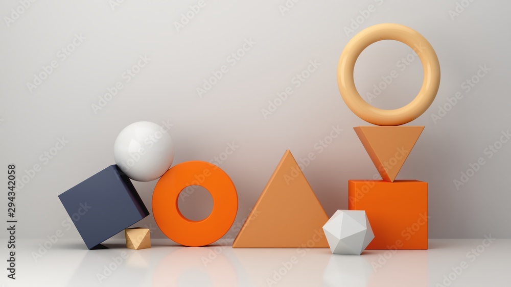 Aufkleber minimal scene with geometrical forms in blue abstract background. set of geometric shapes in chaotic