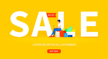 Modern banner design  for sale and discount. Extra sale on all categories. Young man with laptop sitting near a large inscription SALE orange background.