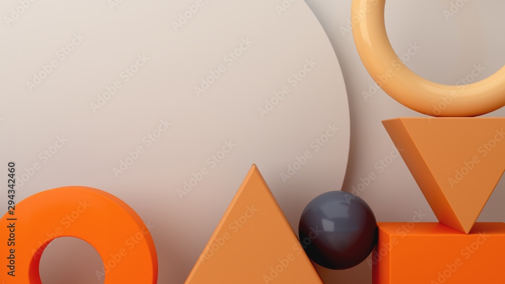 Poster minimal scene with geometrical forms in blue abstract background. set of geometric shapes in chaotic