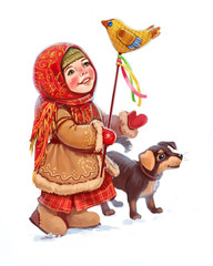 New Year, winter holidays, folk festivals, a girl with toy and dog, old russia