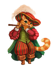 Cartoon hand-drawn illustration of cat in boots playing flute
