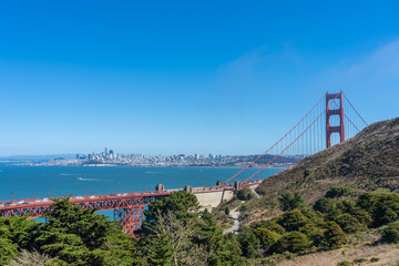 Skyline of San Francisco with Golden Gate Bridge.