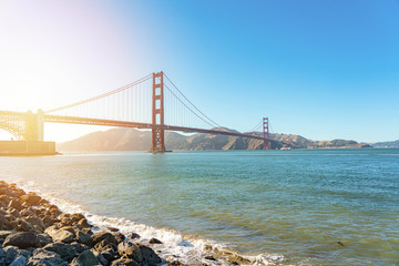 View of Golden Gate Bridge at sunlight.