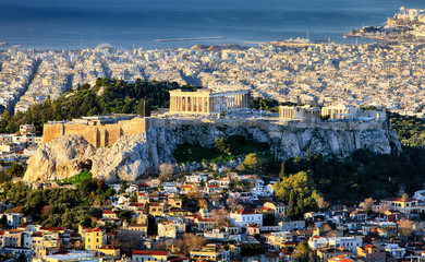 Vue aérienne sur Athènes avec l& 39 Acropole et le port de la colline du Lycabette, Grèce au lever du soleil