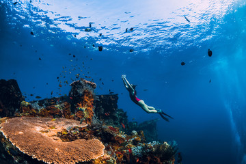 Free diver girl swimming underwater over wreck ship.