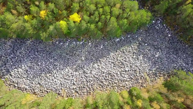 Taganay National Park in Russia in Autumn. Aerial View of "Big Stone River", Biggest Deposit Occurrence of Aventurine Quartz