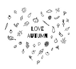 Collection of autumn  doodles. Fall harvest, love autumn. Vector stock set. Cute icons for postcards, greetings, cards, logo, coloring book. Food background. Hand drawn design elements. 