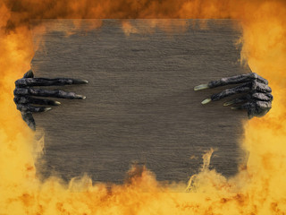 3D rendering of monster hands holding blank wooden sign.