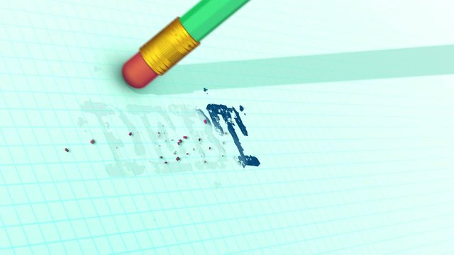 An eraser on a pencil is erasing typed word DEBT from a checkered sheet. 3d rendering.