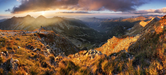 Slovakia mountain landscape at dramatic sunset, Panorama of Rohace Tatras - obrazy, fototapety, plakaty
