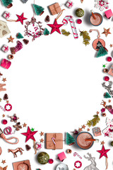 Christmas frame holiday background with decorations and ornaments on white table.