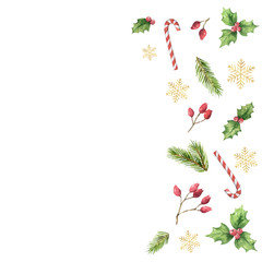 Watercolor vector Christmas card with green leaves, red berries and golden snowflakes.