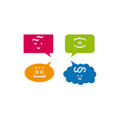 Talk bubbles with faces created by special symbols. Vector illustration. Colorful, funny bubbles. Pink, green, orange, blue Color