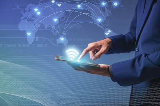 Wifi connection concept, Touch screen device to connect to global cyber net, Businessman ai smartphone online to social network, Digital link to data information, Internet of things online - Image - Powered by Adobe