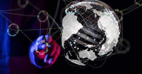 touching global network and data exchanges over the world 3D rendering
