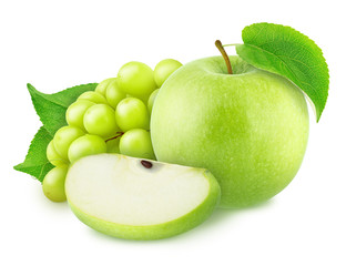 Cutted apple with grape isolated on a white background.
