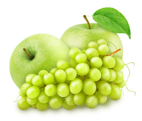Whole apple with grape isolated on a white background.