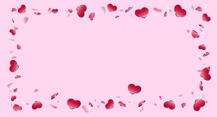 Heart frame isolated pink background. Red hearts fall confetti border. Abstract heart-shape design love card, wedding romantic poster. Pattern greeting, Valentine day decoration. Vector illustration