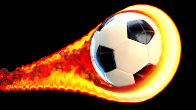 Flying soccer ball on fire on a black background