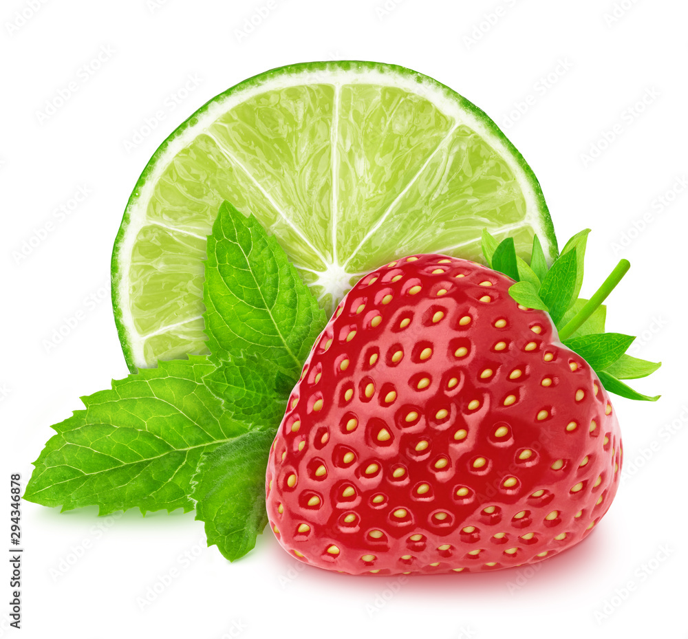Wall mural composition with lime and strawberry isolated on a white background with clipping path. variation on