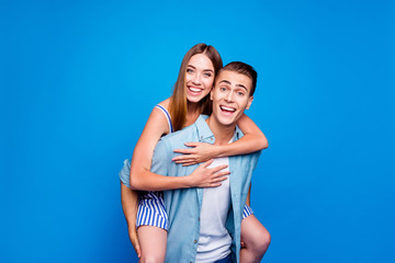 Portrait of his he her she two nice attractive lovely funky childish cheerful cheery glad excited...