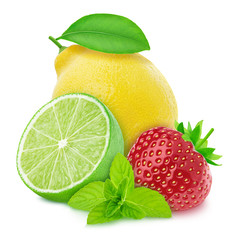 Colourful composition with citrus fruits and strawberry isolated on a white background in full depth of field with clipping path.
