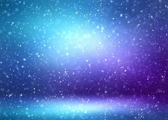 Winter festive 3d room empty background. Snow falling in blue violet studio interior. Spot light on wall and floor. Holiday magic. Wonderful night illumination.