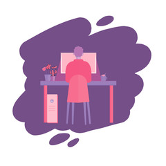 Young man working at his office. Vector flat style illustration