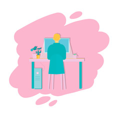 Young man working at his office. Vector flat style illustration