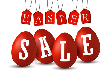 Easter egg text sale. Happy Easter eggs 3D template isolated on white background. Design banner, greeting poster, promotion, holiday decoration, special offer. Label tag discount. Vector illustration