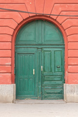 Old green wooden door with new locks and door handles. Elements