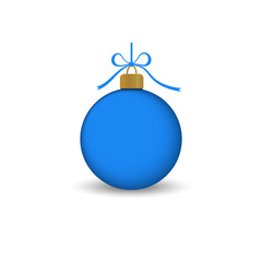 Christmas tree ball with ribbon bow. Blue bauble decoration, isolated on white background. Symbol of Happy New Year, Xmas holiday celebration, winter. Flat design for card. Vector illustration