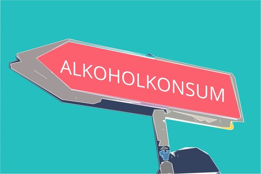 Alkoholkonsum. Wegweiser rotes Schild. Pfeil Richtung nach links.