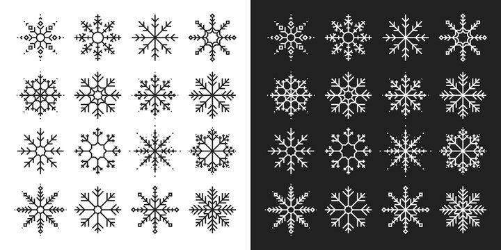 Snowflakes big set icons. Flake crystal silhouette collection. Happy new year, xmas, christmas. Snow, holiday, cold weather, frost. Winter design elements. Vector illustration.