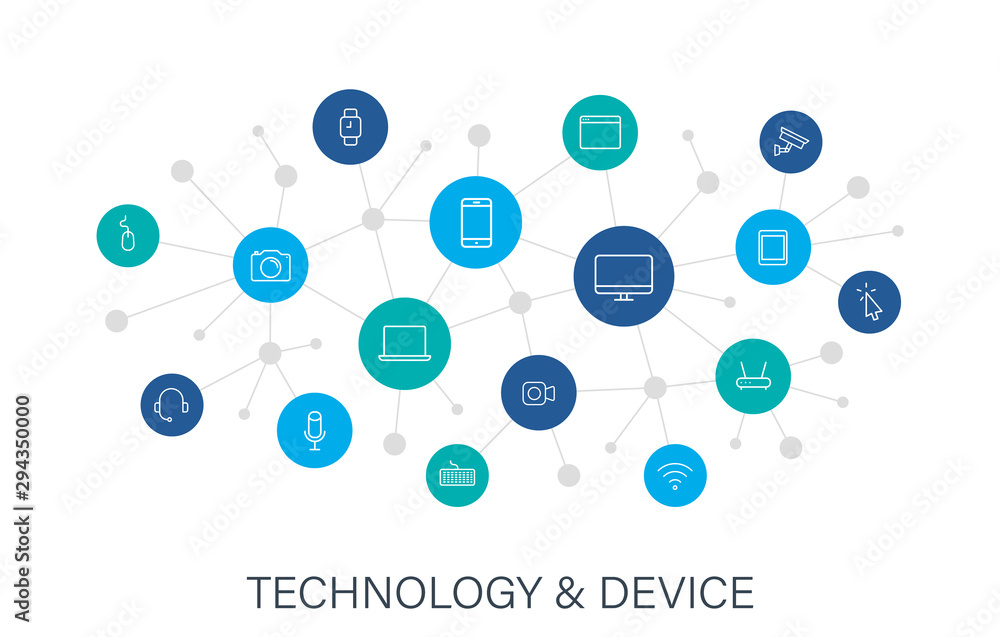 Poster concept device and technology web icons in line style. computer monitor, smartphone, tablet and lapt