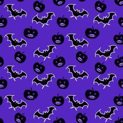 halloween pattern with bats, pumpkins and owls on blue background