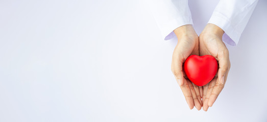 Woman doctor hands holding red heart on wide white background donate for hospital care concept. Panoramic world heart day and world health day, CSR community, foster support patient.