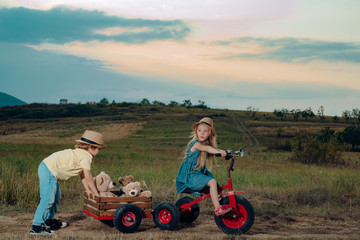 Springtime or summertime for kids on the ranch. Active children concept. Childhood memories. American farm life. sweet childhood. Children farmer concept.