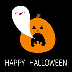 Happy Halloween Ghost spirit flying from pumpkin. Funny creepy smiling face. Cute cartoon kawaii baby character. Eyes, teeth. Greeting card. Black background. Isolated. Flat design.