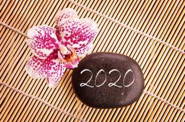 Obraz na płótnie Canvas 2020 written on a black pebble with pink orchid, zen new year greeting card