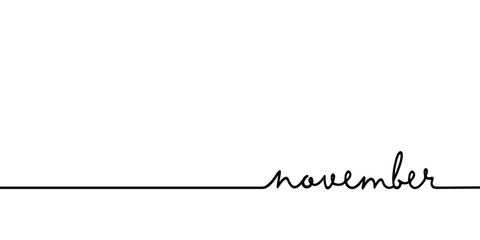November - continuous one black line with word. Minimalistic drawing of phrase illustration