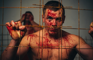 Psycho mad man. Murderer mythical creature. Halloween concept. Scary monster just murdered his...