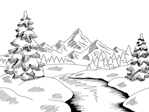 Winter river landscape graphic black white sketch illustration vector