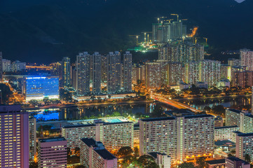 Aerial view of residential district of Hong Kong city at night