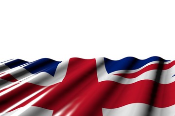 wonderful anthem day flag 3d illustration. - shining flag of United Kingdom (UK) with big folds lay at the bottom isolated on white