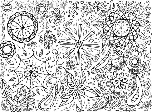 Coloring page for children and adults of any age, hand-drawn. Improves motor skills, concentration, because it contains a lot of small details. Anti-stress effect for adults. Monochrome patterns